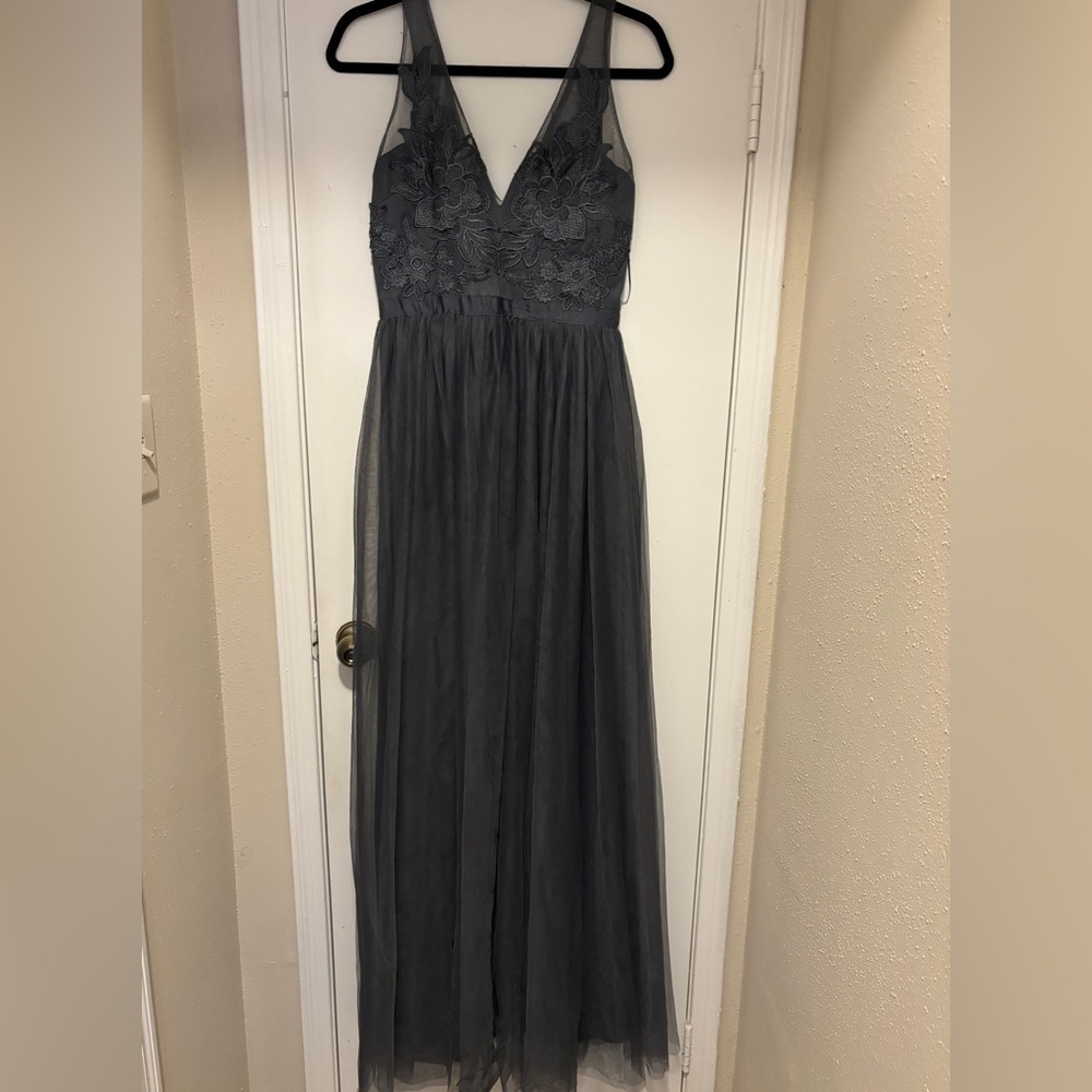 Elegant Charcoal Grey Tulle Maxi Dress